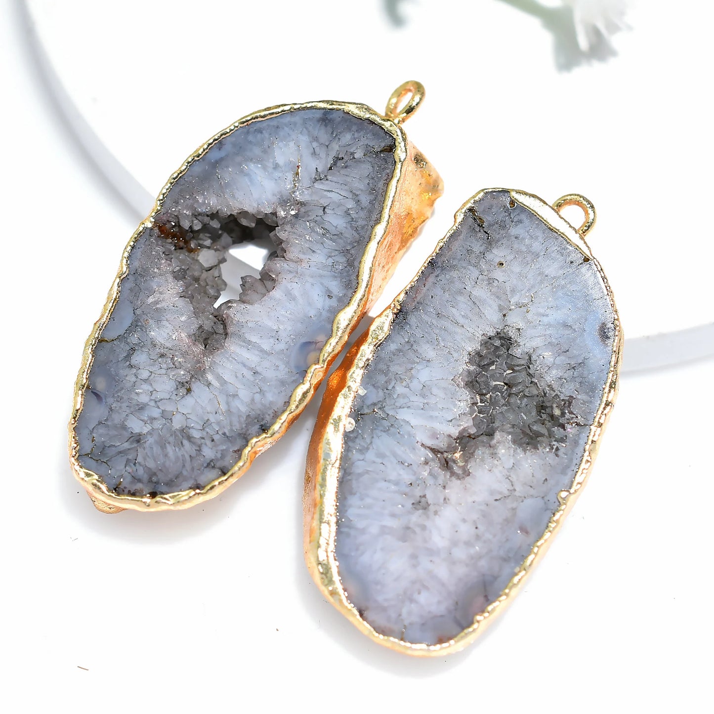 Solar Quartz Gold Electroplated Single Bail - Geode Druzy Earring Pair