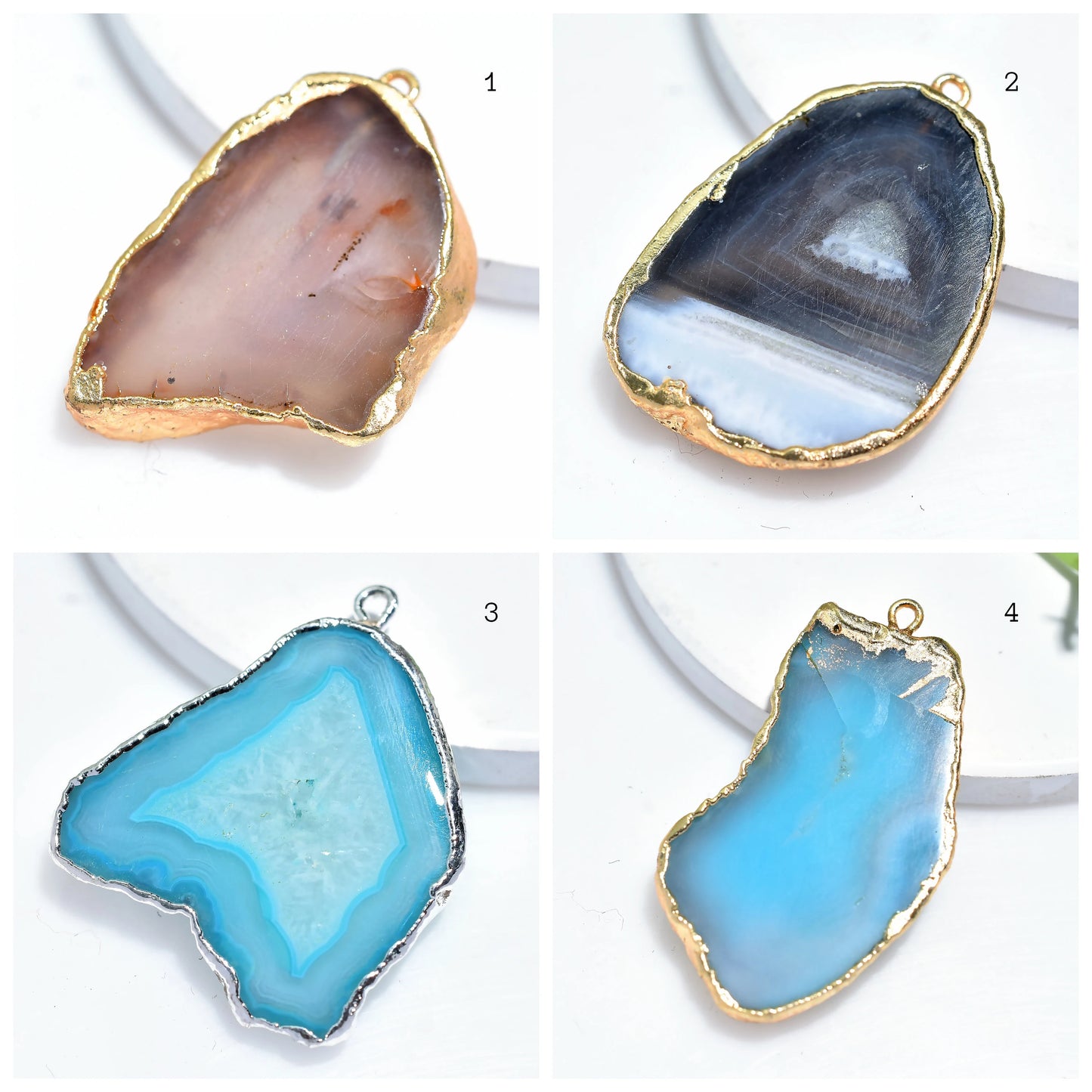 Brown Sky Blue Solar Quartz Slice Pendant, Gold Electroplated