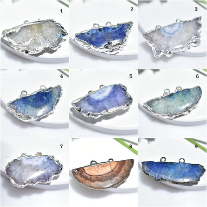 Blue Solar Quartz Pendant Geode Slice - Silver Electroplated Crystals