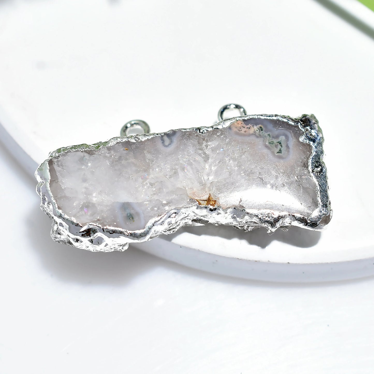 Solar Quartz Geode Slice, Silver Electroplated Double Bali Pendant