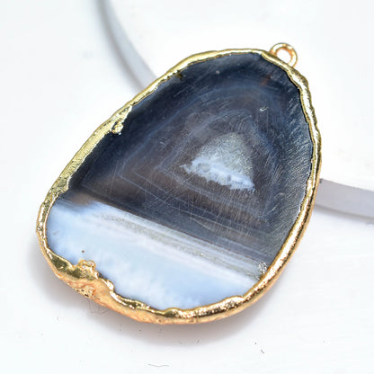 Brown Sky Blue Solar Quartz Slice Pendant, Gold Electroplated