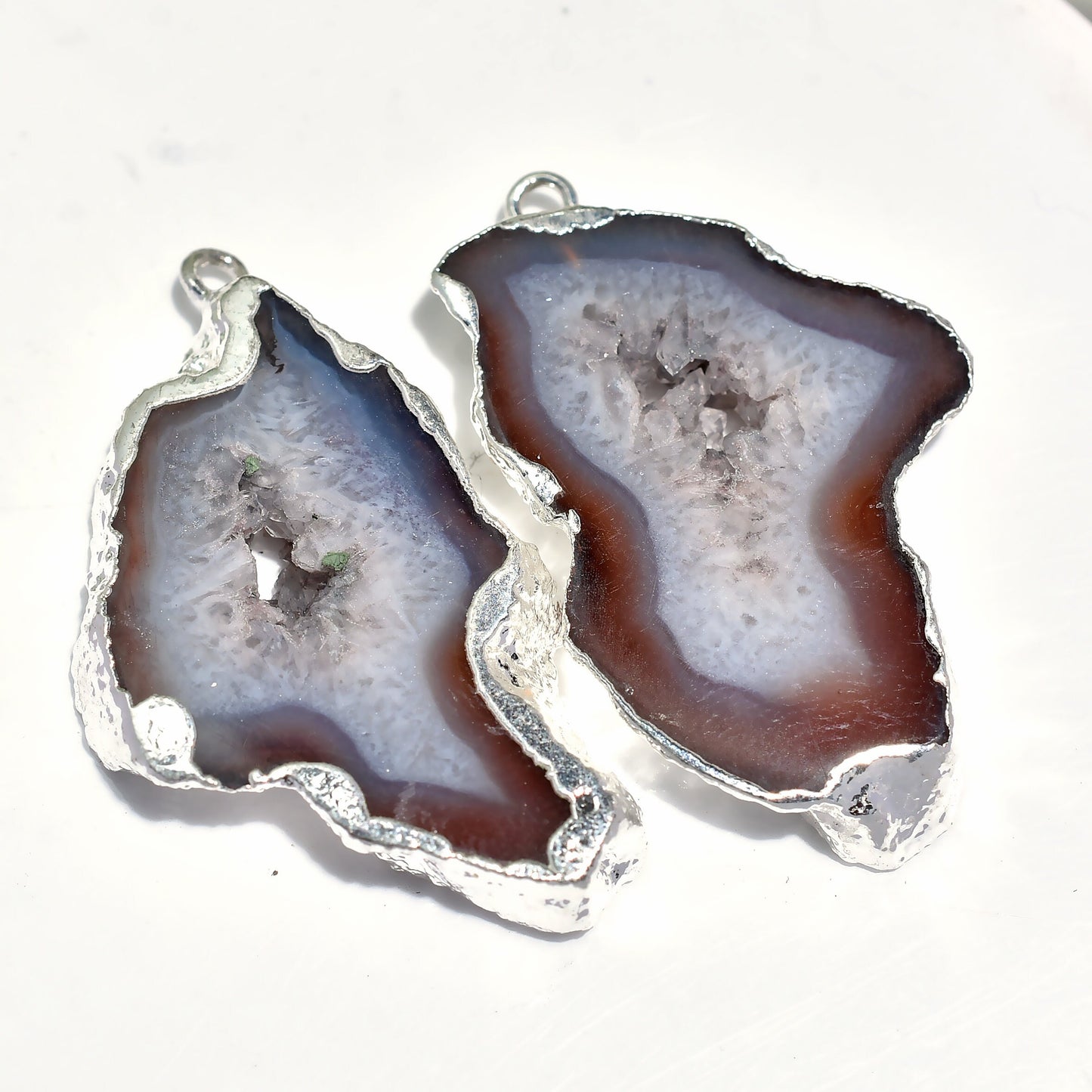 Window Druzy Earrings - Geode Silver Electroplated Connector Pair