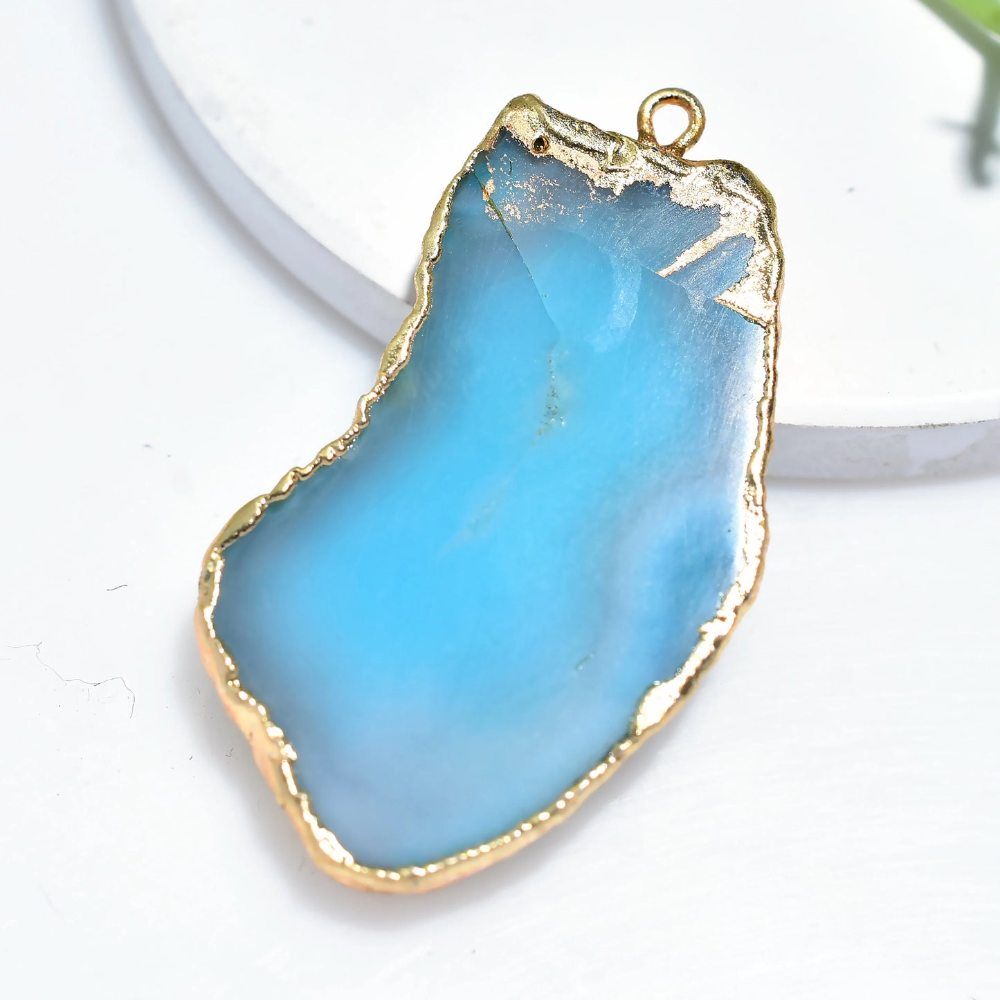 Brown Sky Blue Solar Quartz Slice Pendant, Gold Electroplated