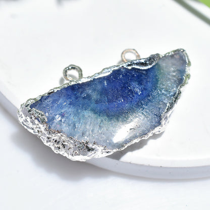 Blue Solar Quartz Pendant Geode Slice - Silver Electroplated Crystals