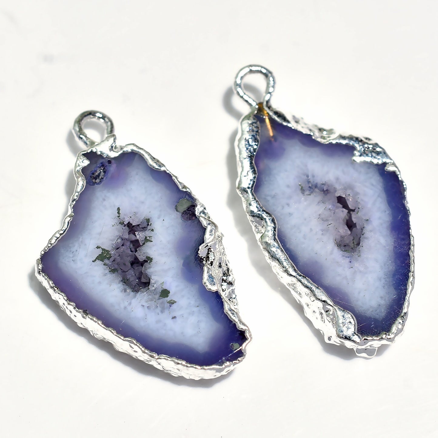 Window Druzy Earrings - Geode Silver Electroplated Connector Pair