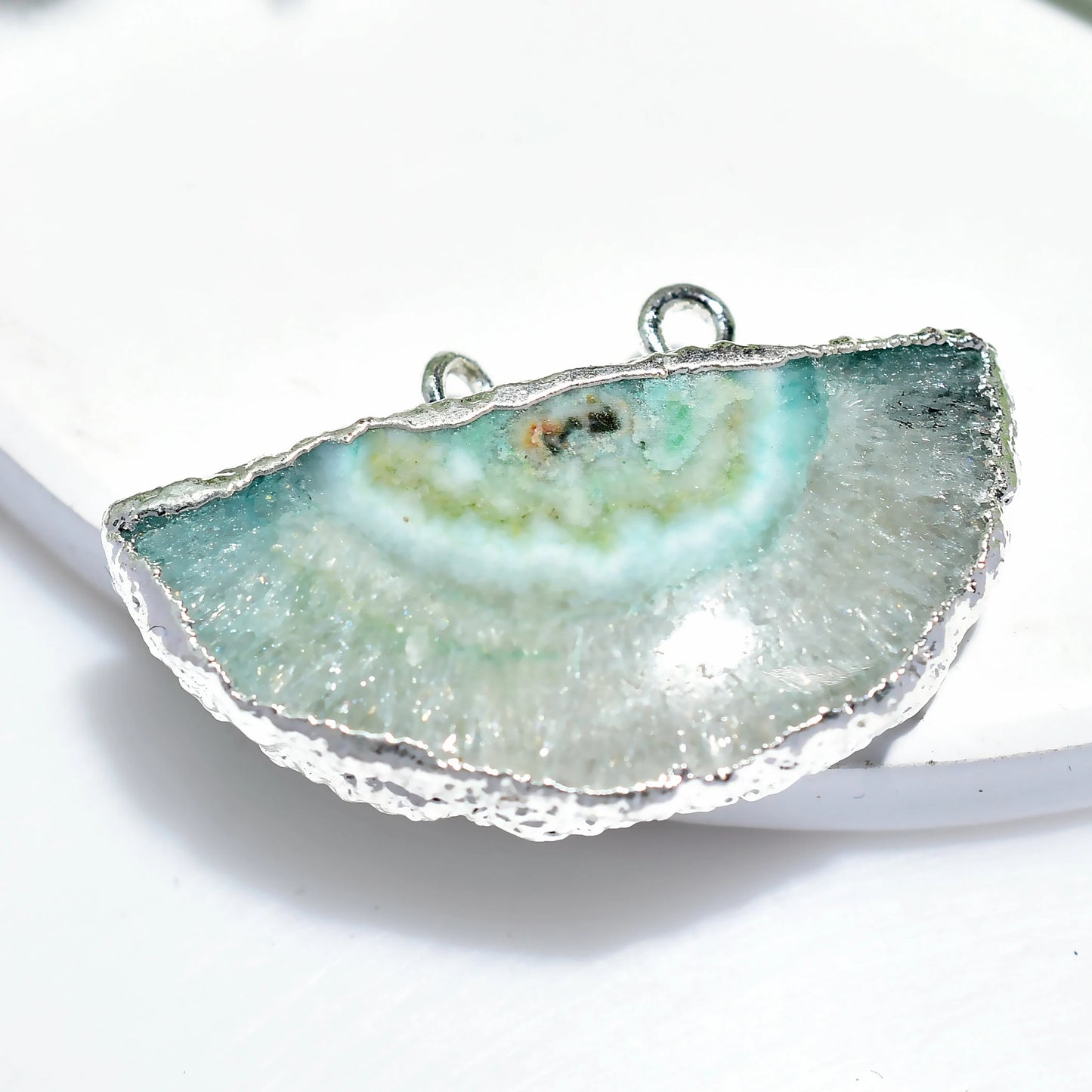 Solar Quartz Geode Slice, Silver Electroplated Double Bali Pendant