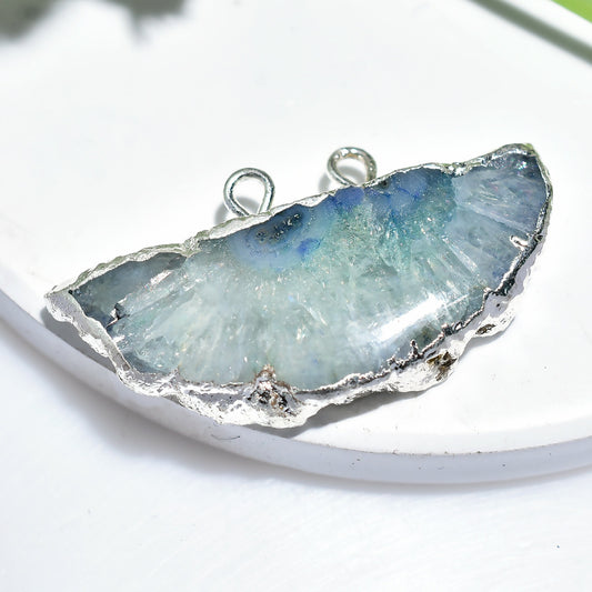 Blue Solar Quartz Pendant Geode Slice - Silver Electroplated Crystals