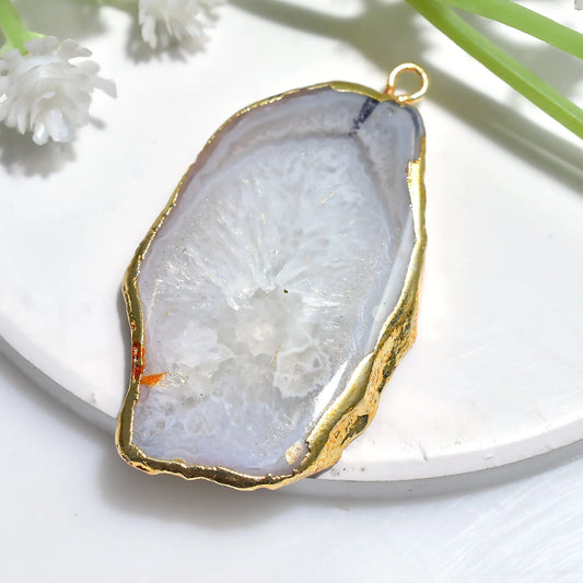 Amazing Window Druzy Gold Pendant - Grey & White Solar Quartz Electroplated Geode Slice Crystal 34x21x4mm