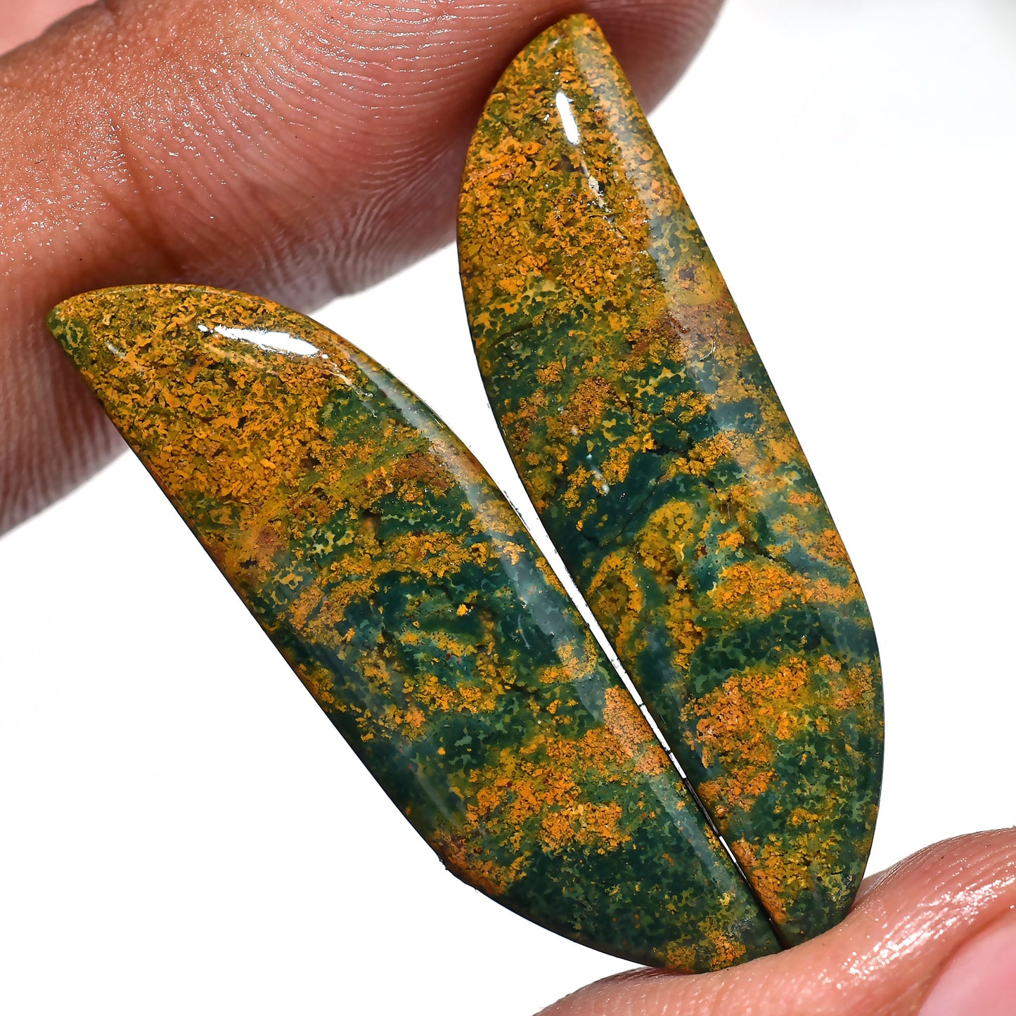 Bloodstone Earring Pair - Natural Green Yellow Gemstone Fancy Flatback Cabochon