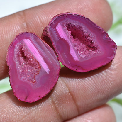 Pink Solar Quartz Pair for Earrings - Matched Window Druzy Geode Slice