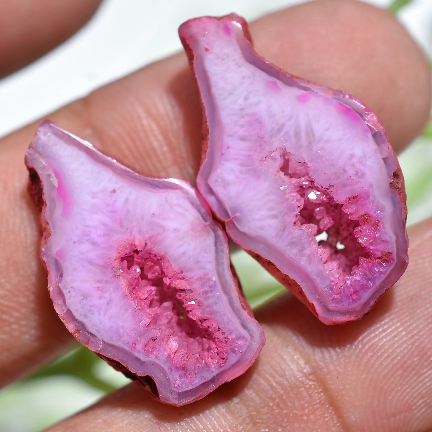 Lovely Pink Window Druzy Agate Matching Set - Solar Quartz Geode Pair