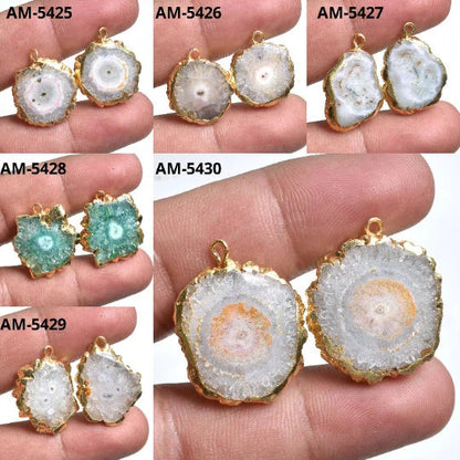 Rare Solar Quartz Connector Pairs | Blue Druzy & Pink Stalactite Slices for DIY Earrings