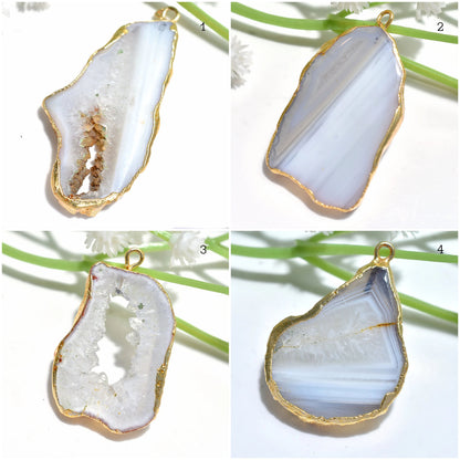 Fancy White Window Agate Druzy Slice Pendant - Gold Electroplated Solar Quartz Crystal for Jewelry