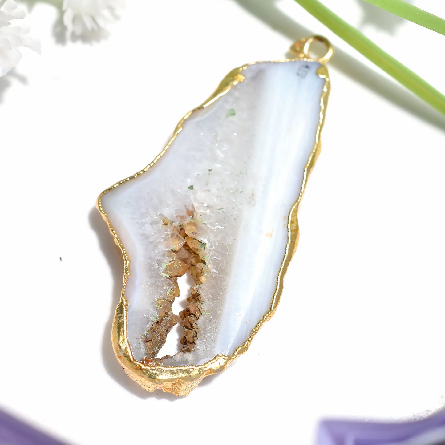 Fancy White Window Agate Druzy Slice Pendant - Gold Electroplated Solar Quartz Crystal for Jewelry