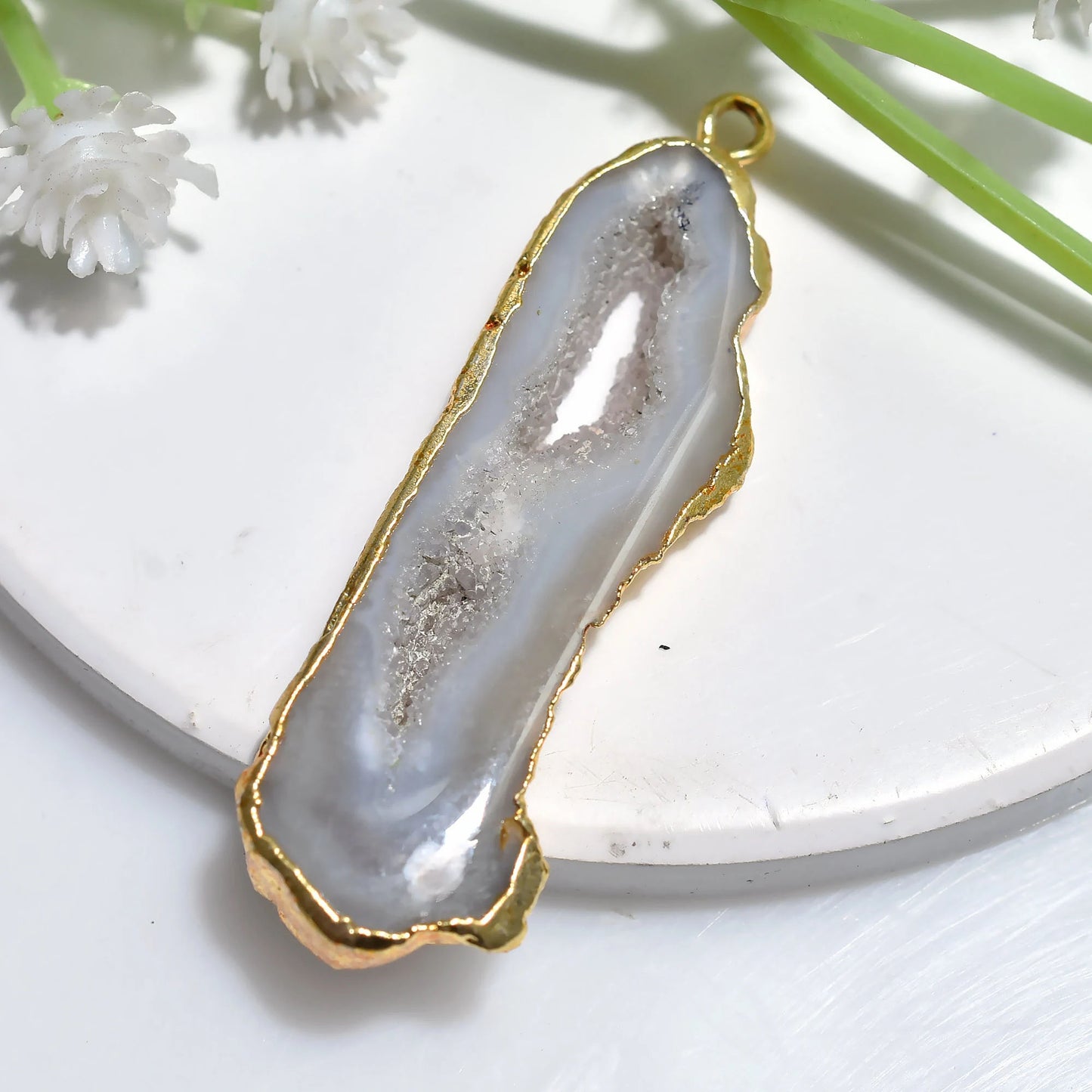 Window Druzy Gold Electroplated Pendant - Grey & White Solar Quartz Agate Geode Slice 40x11x5mm