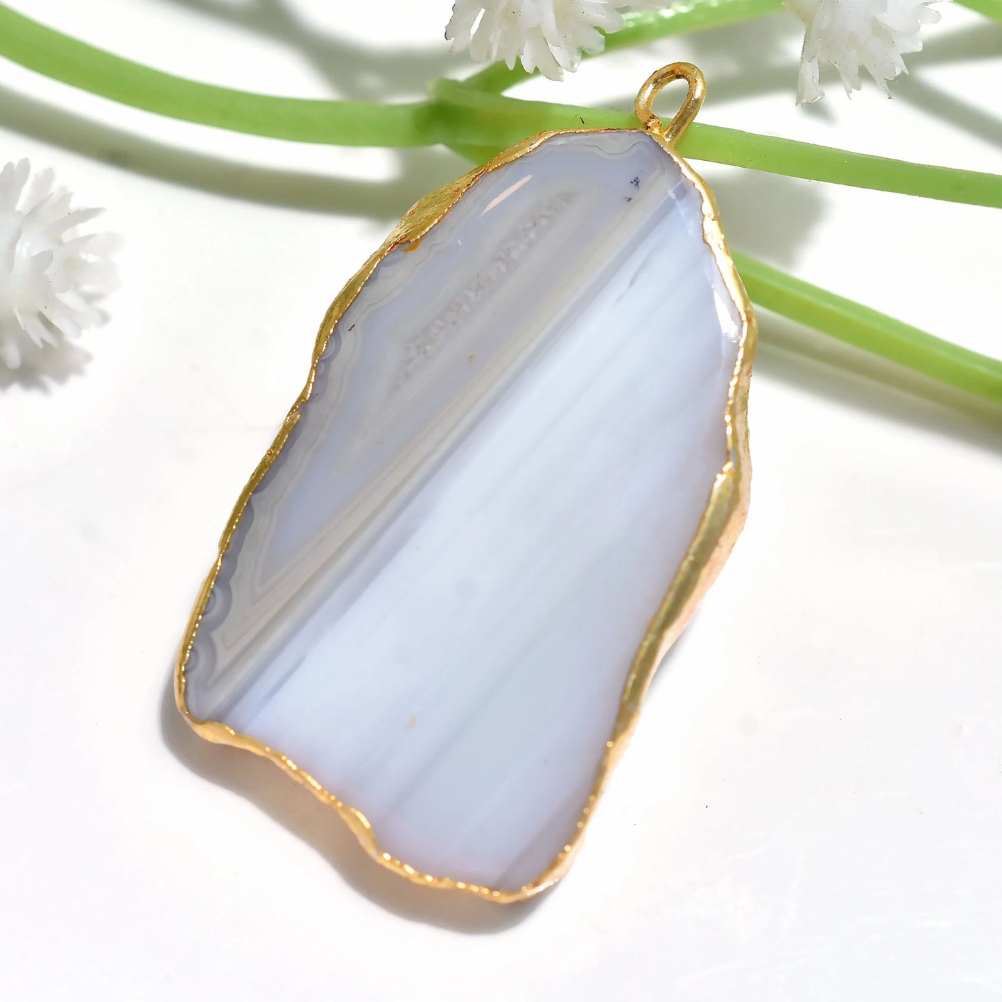 Fancy White Window Agate Druzy Slice Pendant - Gold Electroplated Solar Quartz Crystal for Jewelry