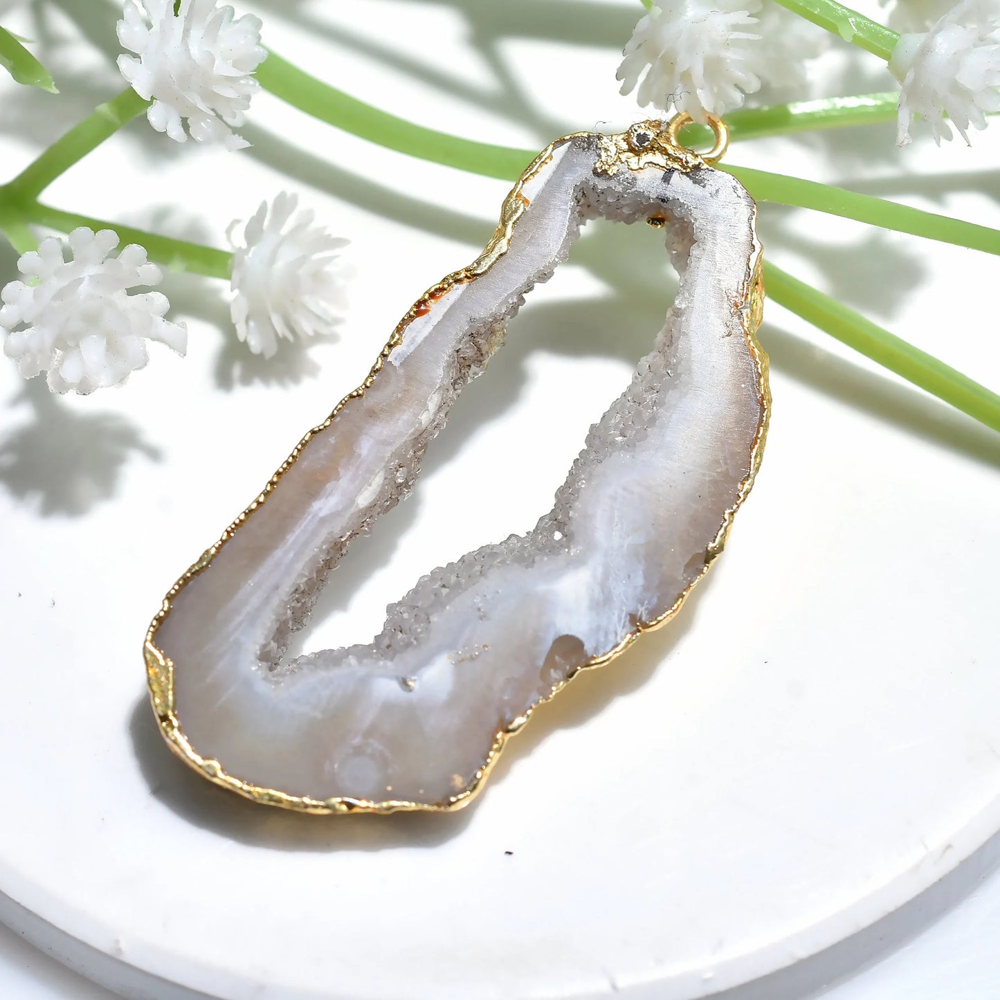 Beautiful! Window Druzy Gold Electroplated Pendant - Agate Geode Slice with Grey & White Solar Quartz 44x22x5mm