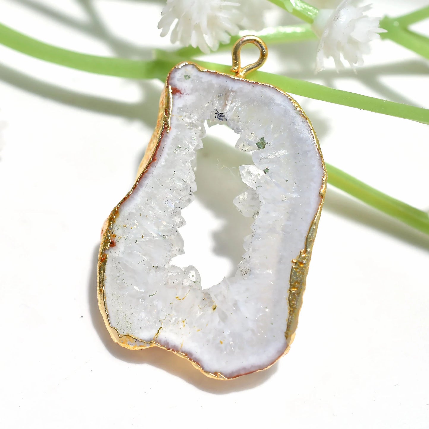 Fancy White Window Agate Druzy Slice Pendant - Gold Electroplated Solar Quartz Crystal for Jewelry