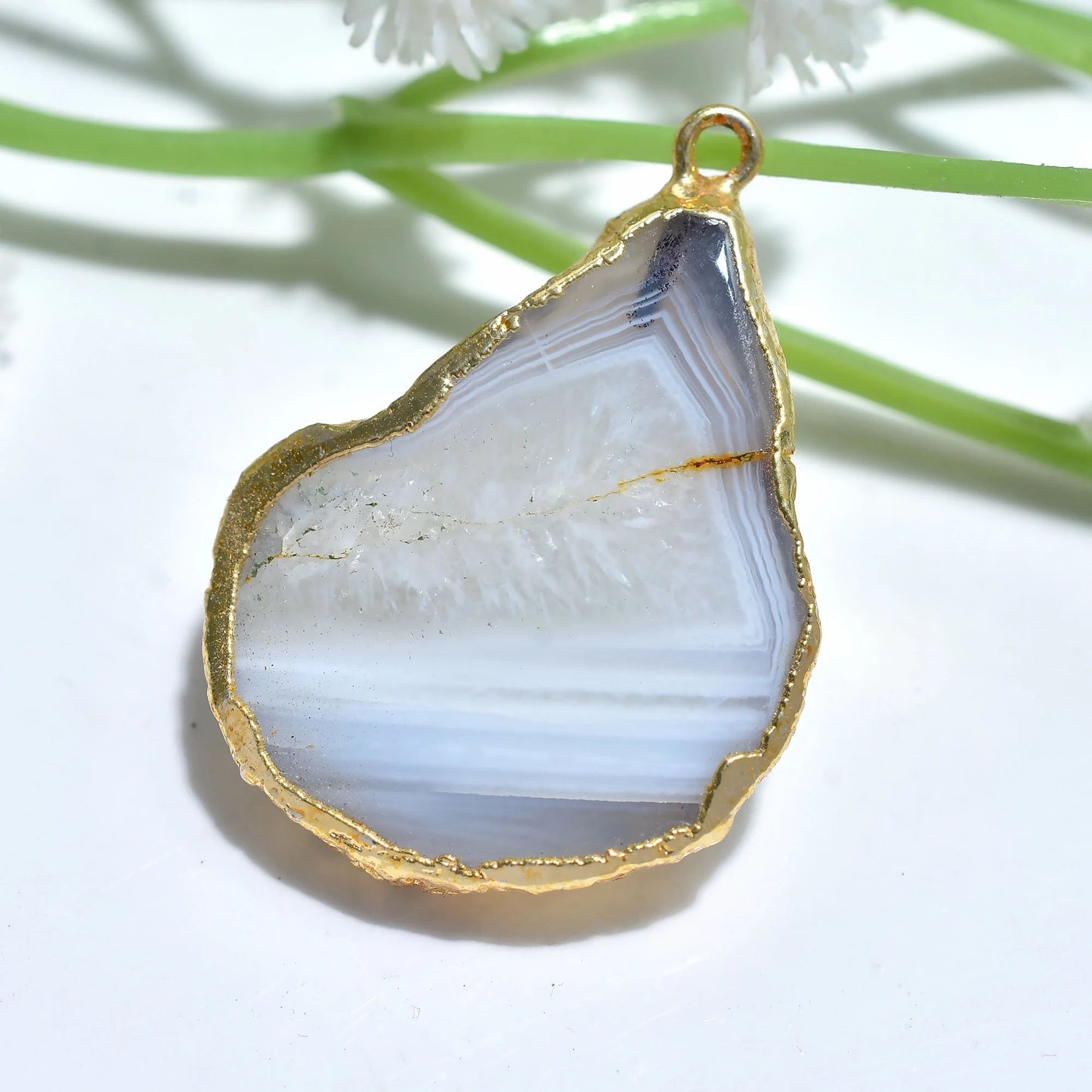 Fancy White Window Agate Druzy Slice Pendant - Gold Electroplated Solar Quartz Crystal for Jewelry