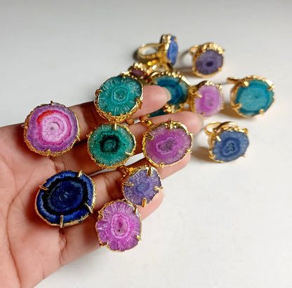 Bulk Wholesale Solar Quartz Rings – DIY Gold Electroplated Rings in Pink, Purple, Green Prong Setting