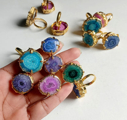 Bulk Wholesale Solar Quartz Rings – DIY Gold Electroplated Rings in Pink, Purple, Green Prong Setting