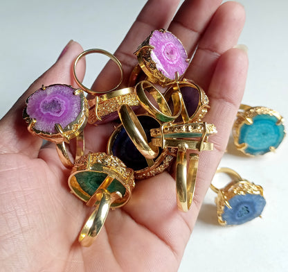 Bulk Wholesale Solar Quartz Rings – DIY Gold Electroplated Rings in Pink, Purple, Green Prong Setting