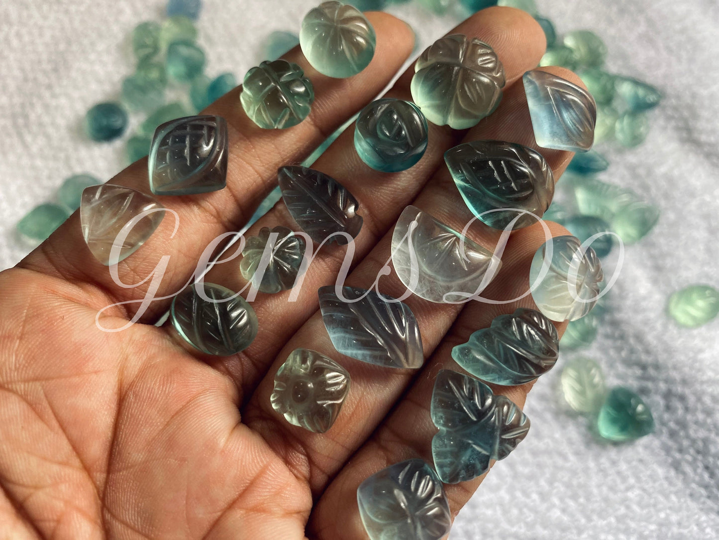 Natural Fluorite Flower Carving Loose Gemstone, Green Fluorite Carved Gemstone Lot