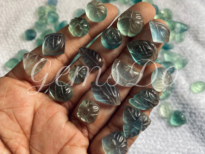 Natural Fluorite Flower Carving Loose Gemstone, Green Fluorite Carved Gemstone Lot