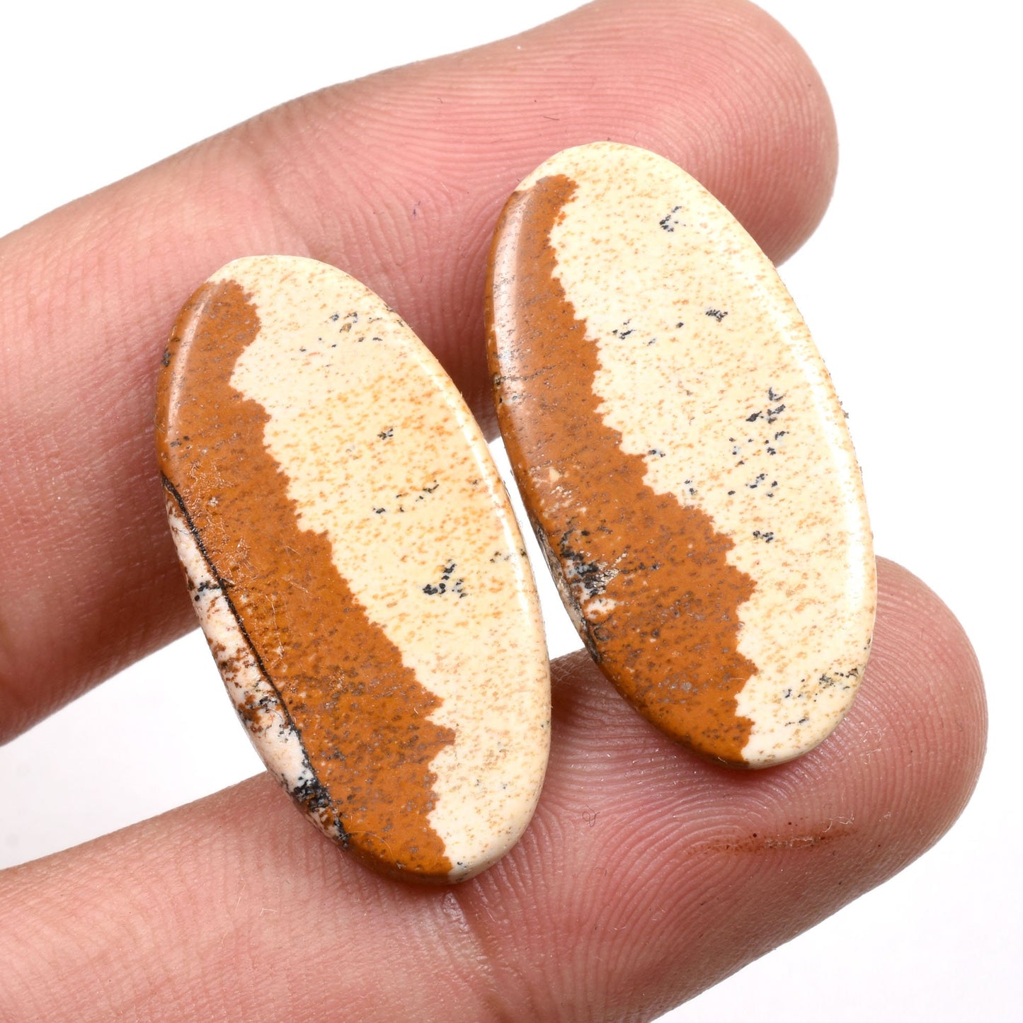 Brown Picture Jasper Gemstone Pair - Matched Cabochons for Earrings & Wholesale