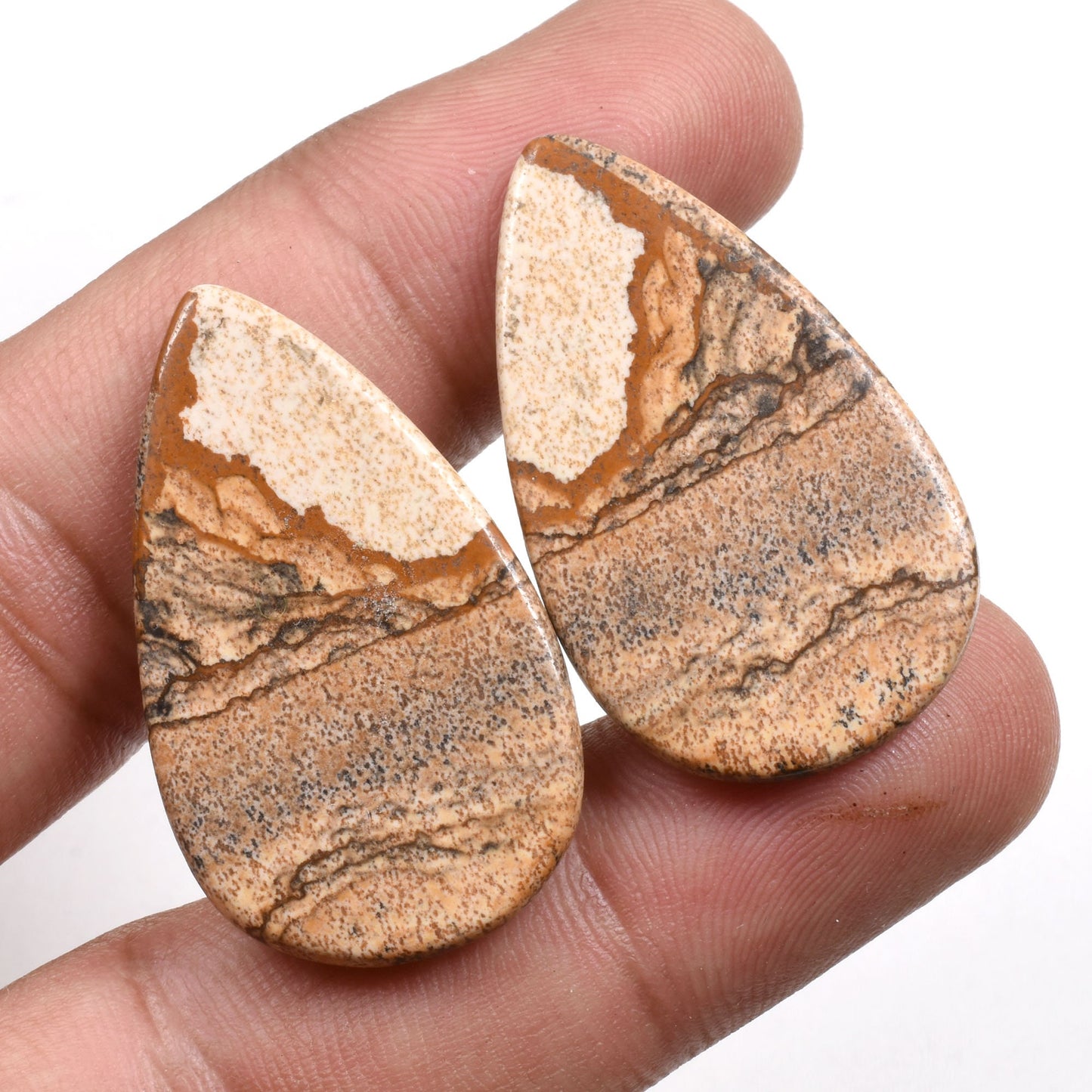 Brown Picture Jasper Gemstone Pair - Matched Cabochons for Earrings & Wholesale