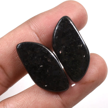 Black Nuummite Cabochon Earrings Pair – Top Quality Greenland Nuummite with Golden Sparkles