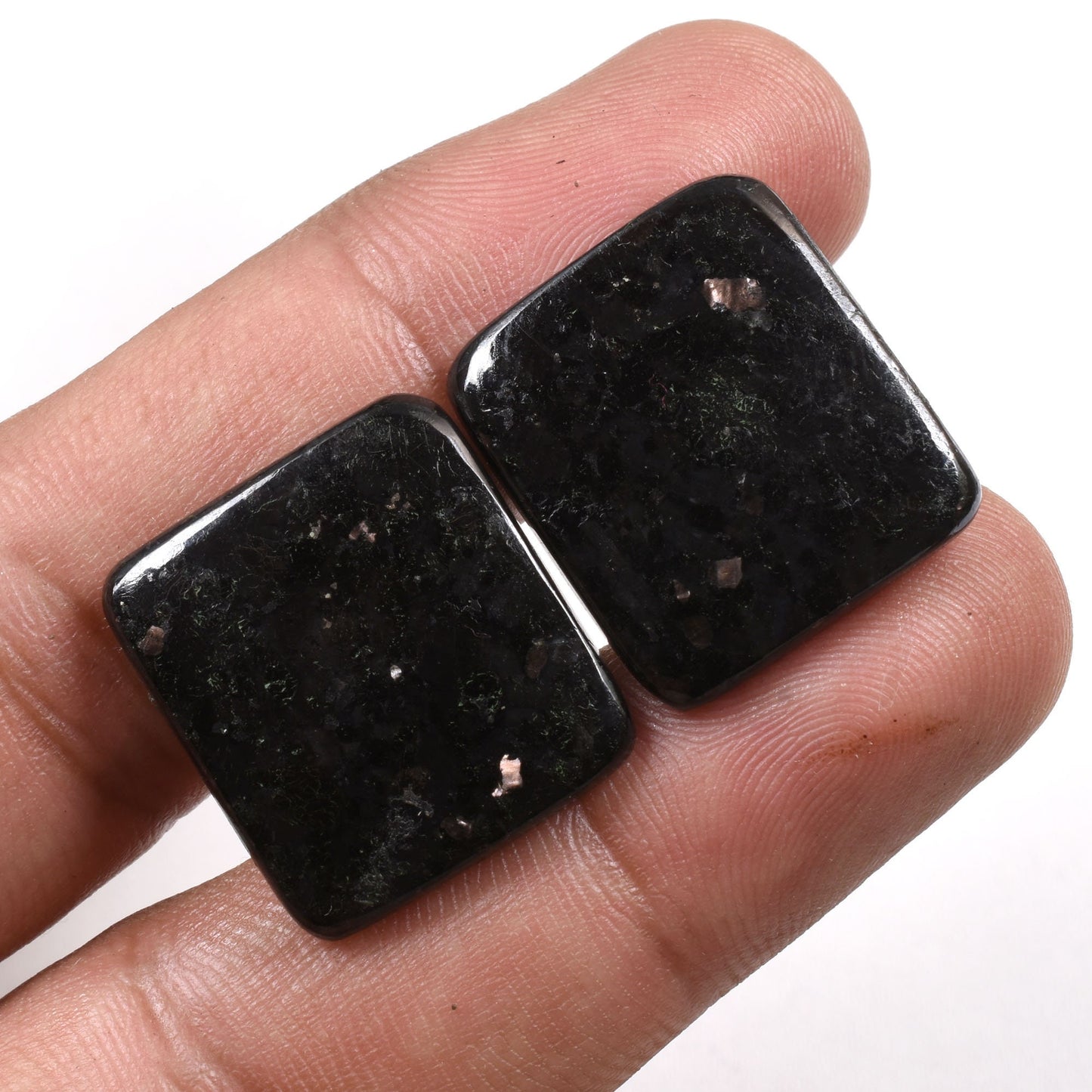 Black Nuummite Cabochon Earrings Pair – Top Quality Greenland Nuummite with Golden Sparkles