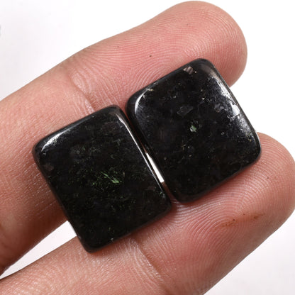 Black Nuummite Cabochon Earrings Pair – Top Quality Greenland Nuummite with Golden Sparkles