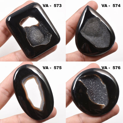 Natural Black Window Druzy Gemstone - Sparkling Agate Cabochon for Pendant