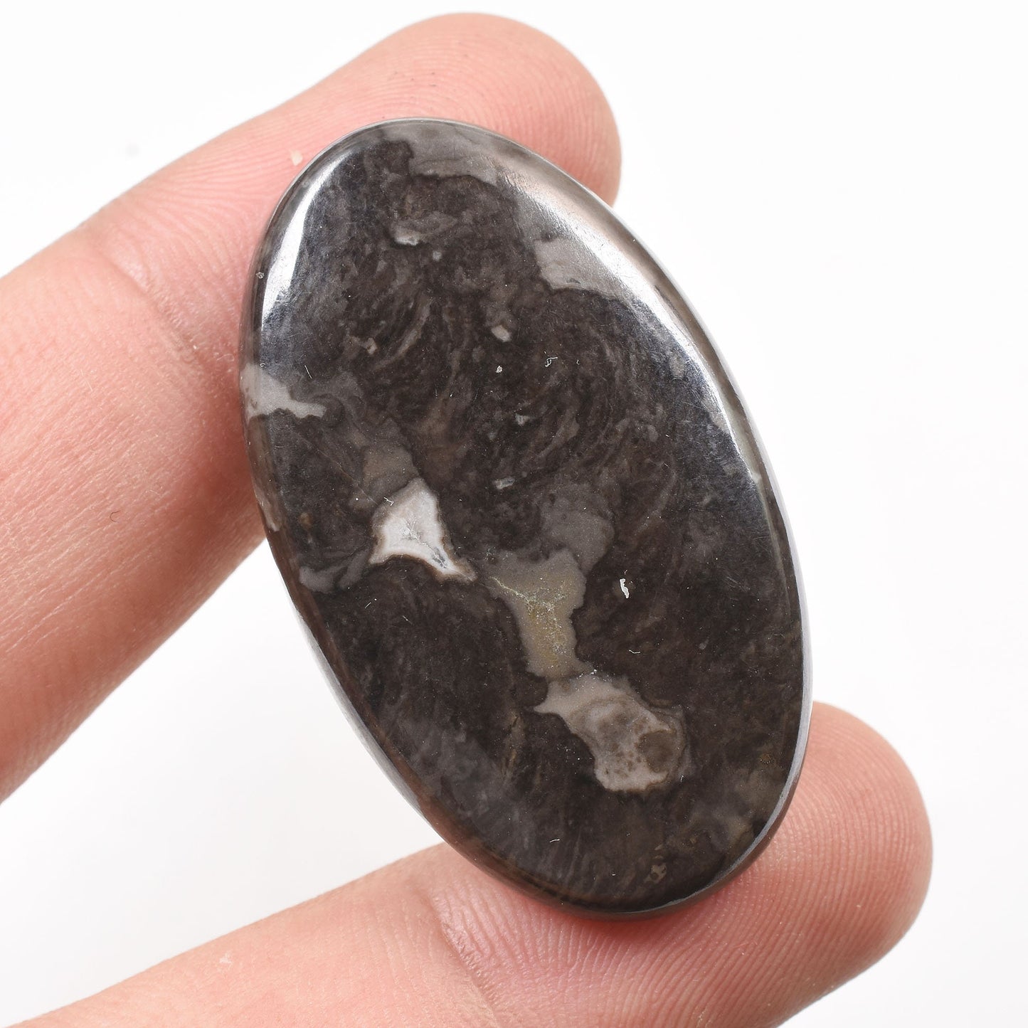 Natural Mountain Jasper Gemstone - Grey-Black Oval Smooth Flatback Cabochon