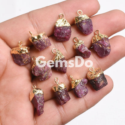 Natural Red Ruby Raw Rough Gemstone Connectors, Gold-Plated DIY Birthstone Charms