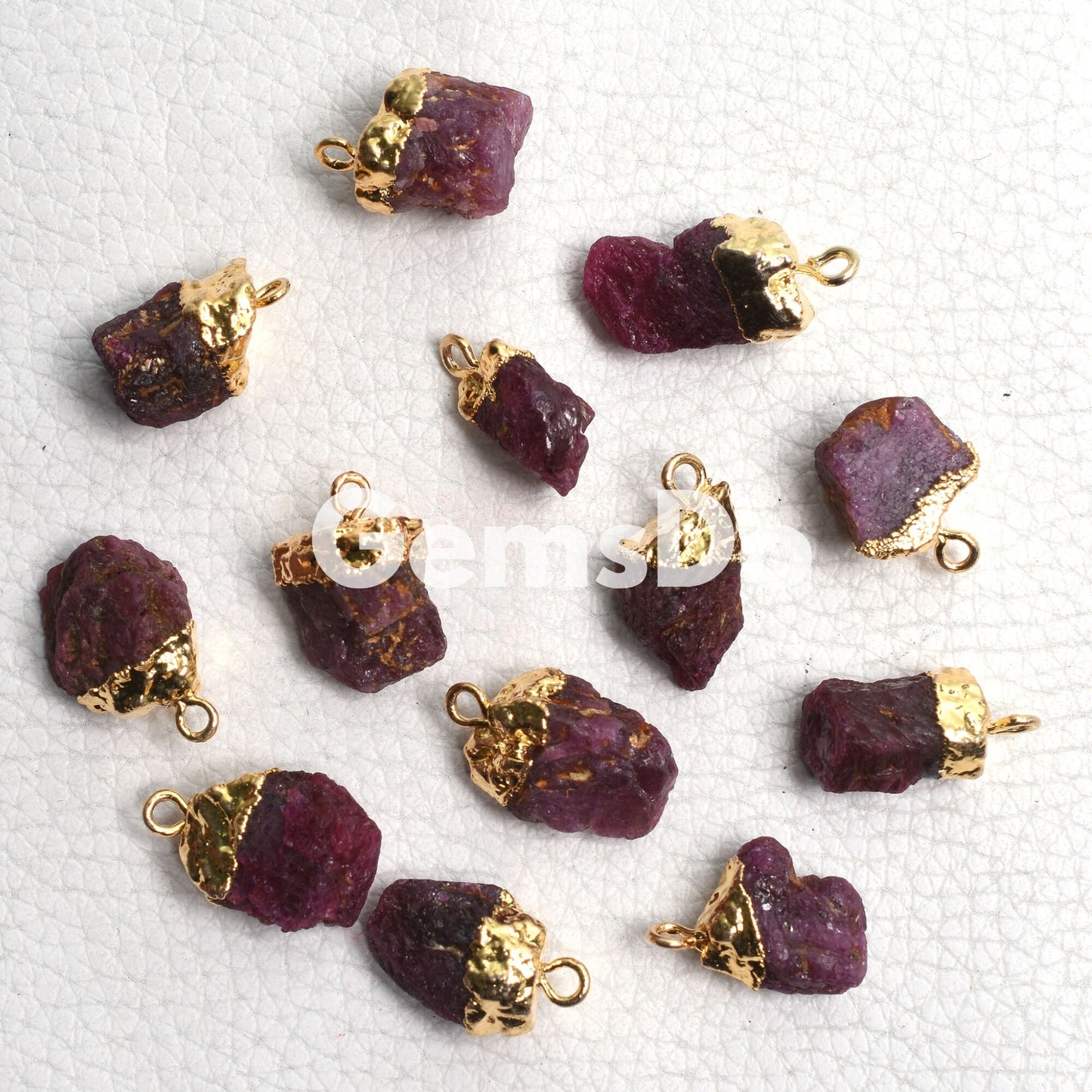 Natural Red Ruby Raw Rough Gemstone Connectors, Gold-Plated DIY Birthstone Charms