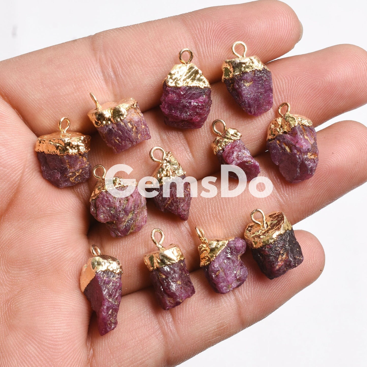 Natural Red Ruby Raw Rough Gemstone Connectors, Gold-Plated DIY Birthstone Charms