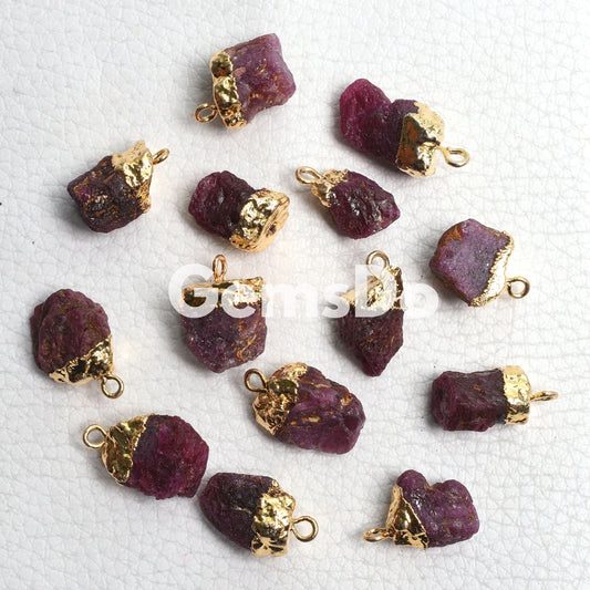 Natural Red Ruby Raw Rough Gemstone Connectors, Gold-Plated DIY Birthstone Charms