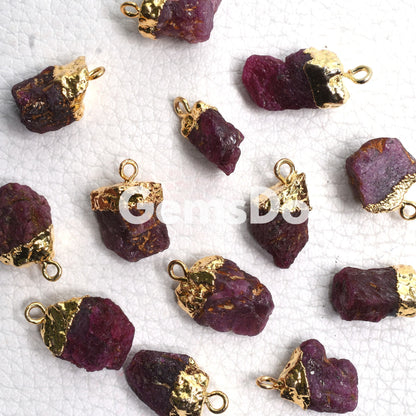 Natural Red Ruby Raw Rough Gemstone Connectors, Gold-Plated DIY Birthstone Charms