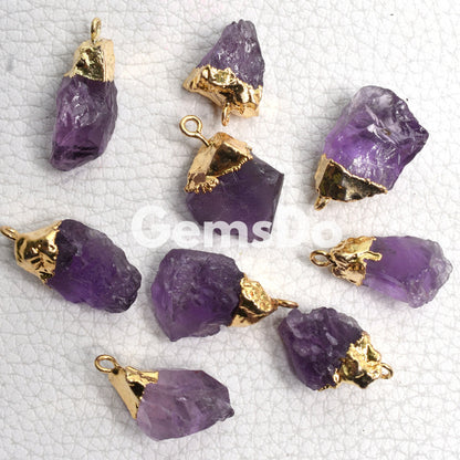 Birthstone Tiny Raw Pendant | Gold Electroplated Gemstone Charms Wholesale Lot