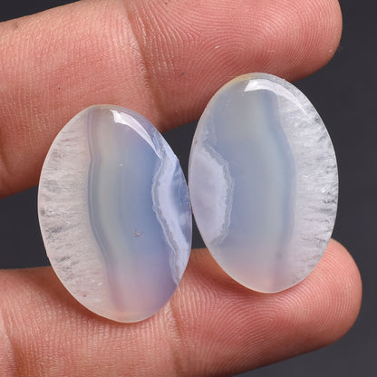 Natural Blue Lace Agate Cabochon, Matched Earring Pair