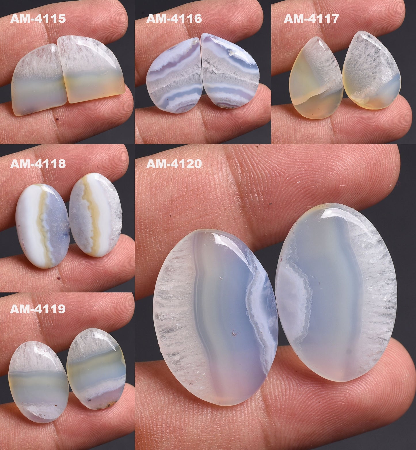 Natural Blue Lace Agate Cabochon, Matched Earring Pair