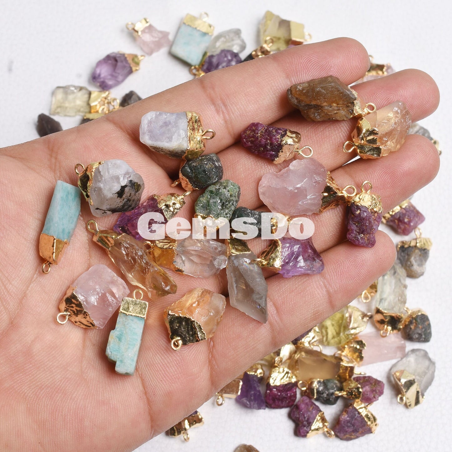 Assorted Rough Gemstone Connectors | Multi Raw Gold Necklace Pendants & Charms