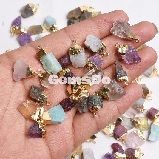 Assorted Rough Gemstone Connectors | Multi Raw Gold Necklace Pendants & Charms