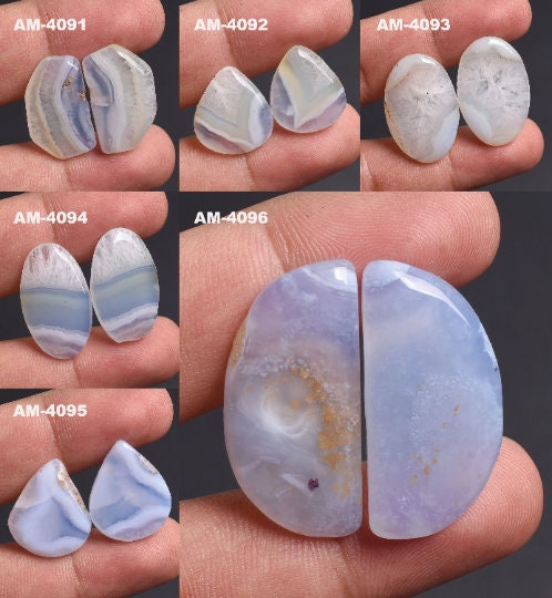 Natural Blue Lace Agate Cabochon Pair, Matched Semi-Precious Gemstones