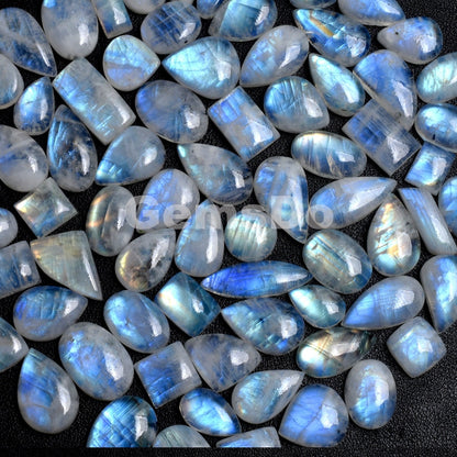 Natural Blue Fire Moonstone Cabochons Lot, Rainbow MoonStone Wholesale Assortment