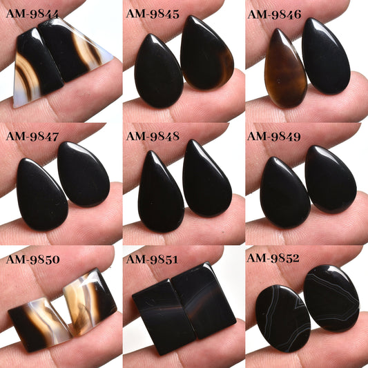 AAA Black Banded Agate Pair – Matched Cabochons For Jewelry