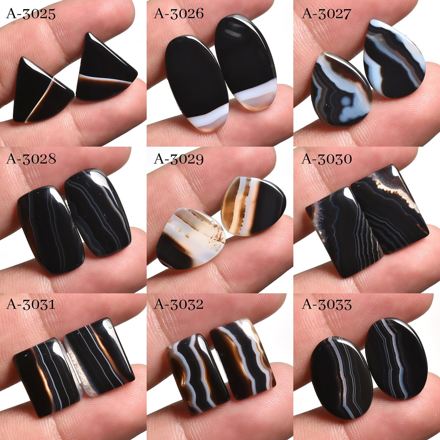 Black Banded Agate Pair – Matched Agate Gemstone Cabochons