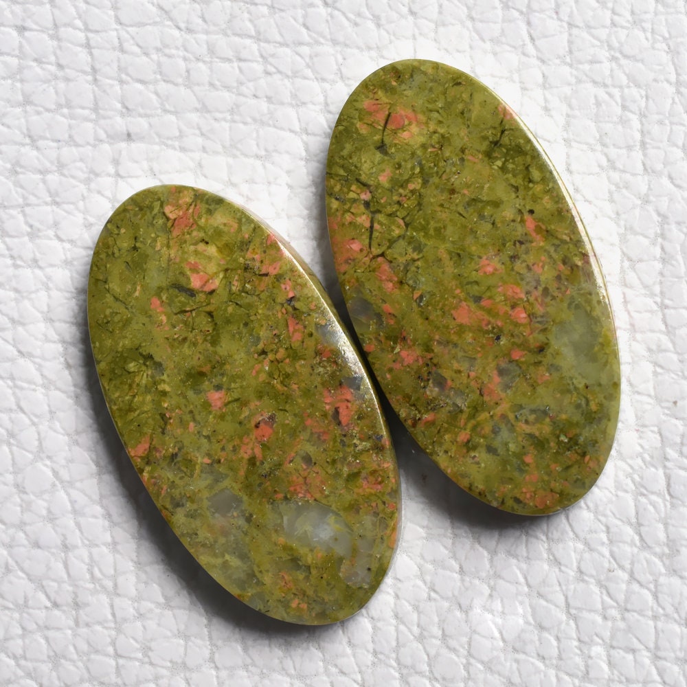 Unakite Gemstone Pair - Mixed Shape Cabochon Pair, Green Matched Stones